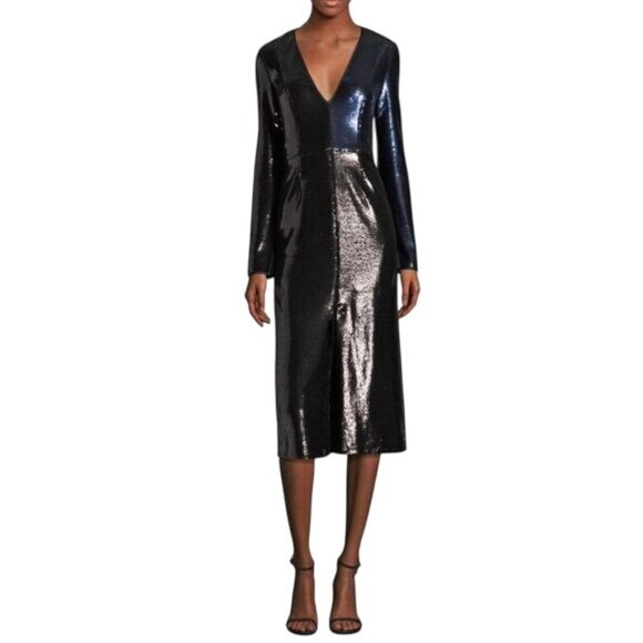 Diane von Furstenberg 2 Sequin Long-Sleeve V-Neck Midi Dress Elegant Holiday - Picture 1 of 3